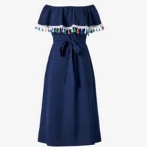 Off-Shoulder Navy Dress with Tassel Trim
